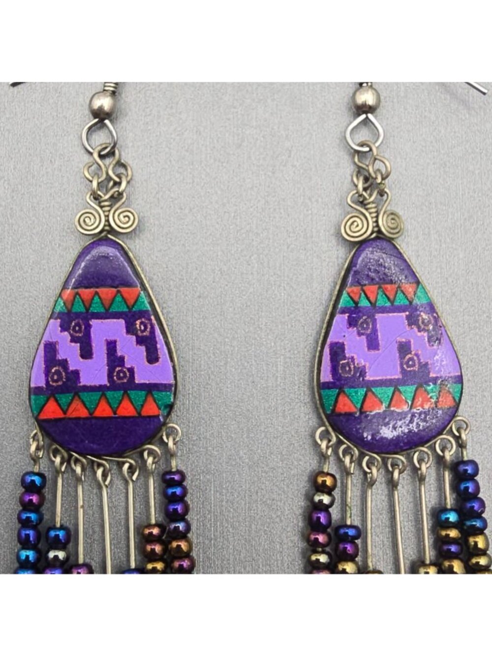 VTG Southwestern Dangle Earrings 3.75" Purple Beaded Fringe Aztec Boho Tribal - Picture 4 of 10
